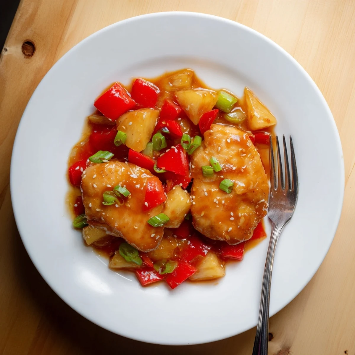 Golden Hawaiian Chicken glazed in tangy pineapple sauce with sesame seed garnish