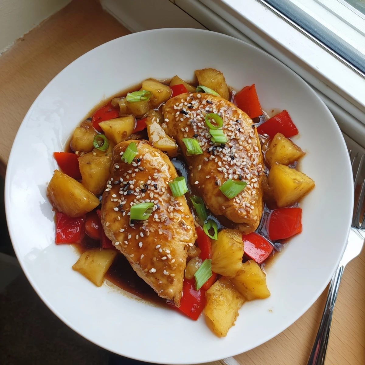 Juicy Hawaiian Chicken smothered in sweet pineapple chunks and thick soy glaze