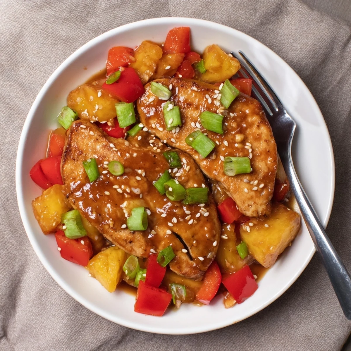 Tender Hawaiian Chicken in glossy pineapple sauce topped with diced red peppers