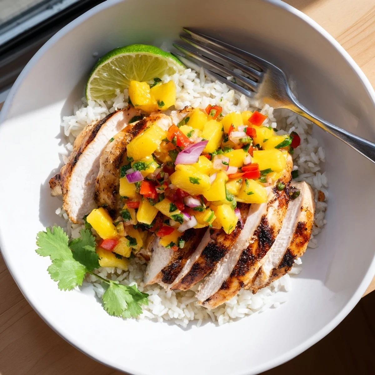 Tropical Dinner Delight featuring coconut rice and vibrant fruit salsa garnished with lime