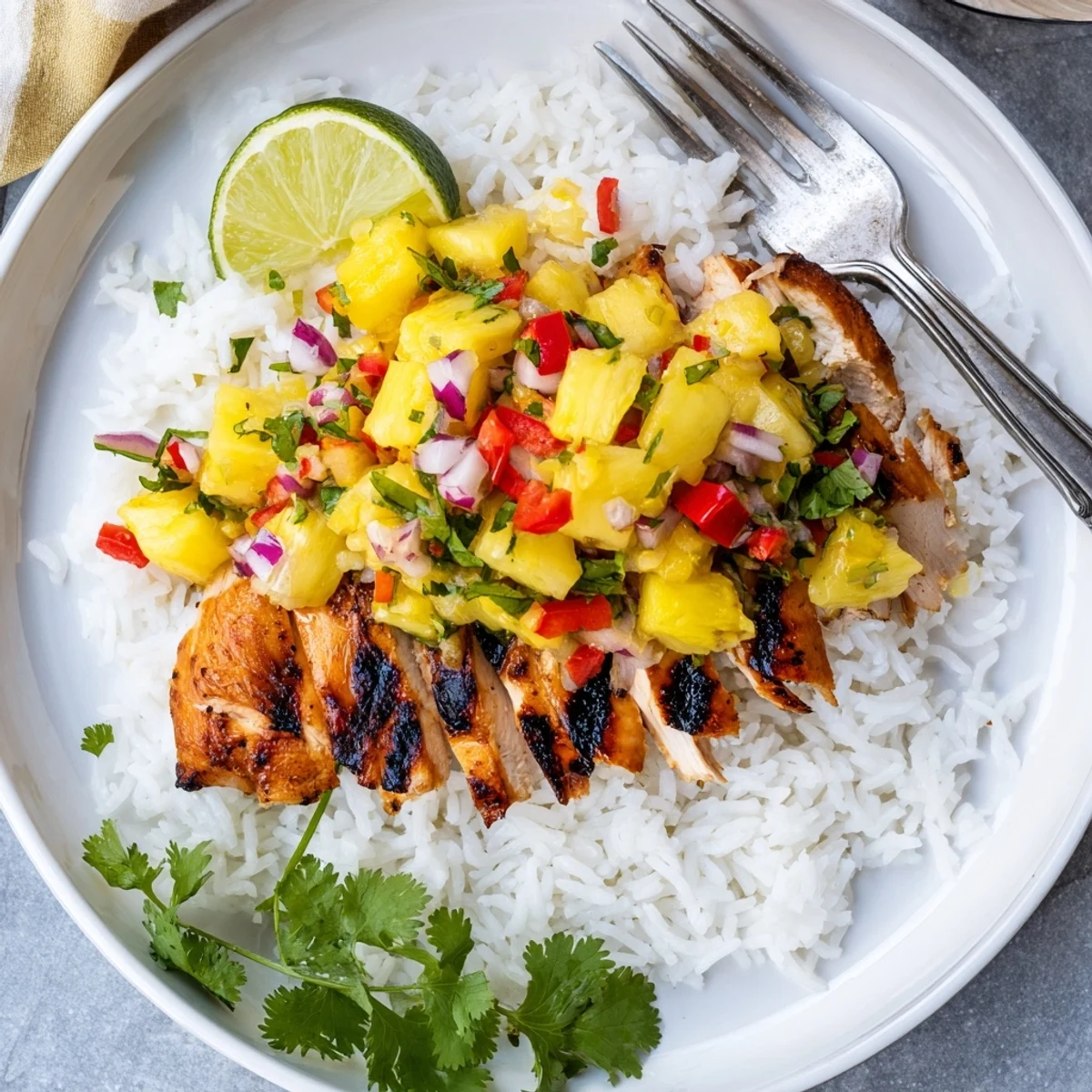 Juicy grilled chicken topped with colorful pineapple-mango salsa on a white plate
