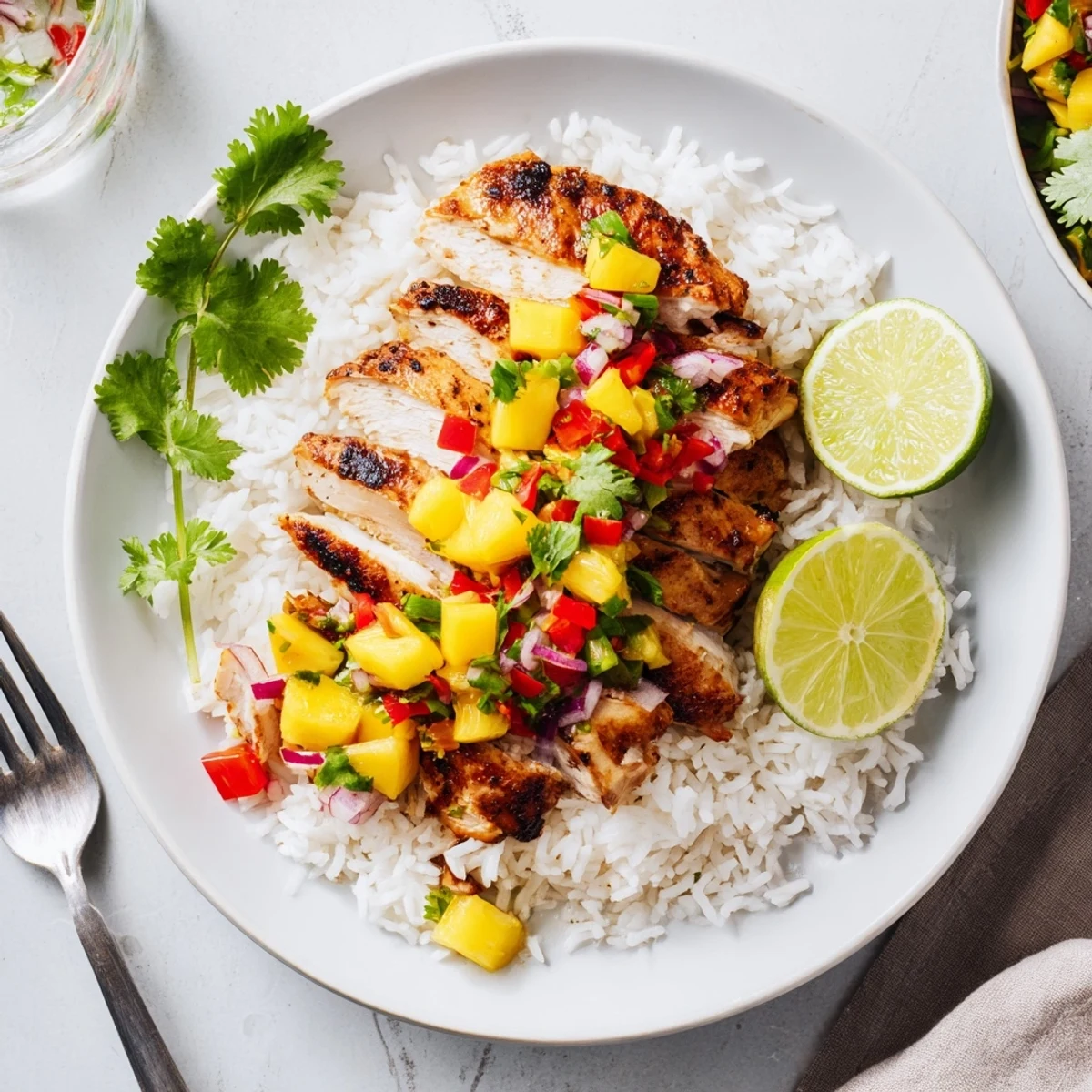 Smoky sliced chicken breast draped in sweet pineapple-mango salsa over fluffy coconut rice