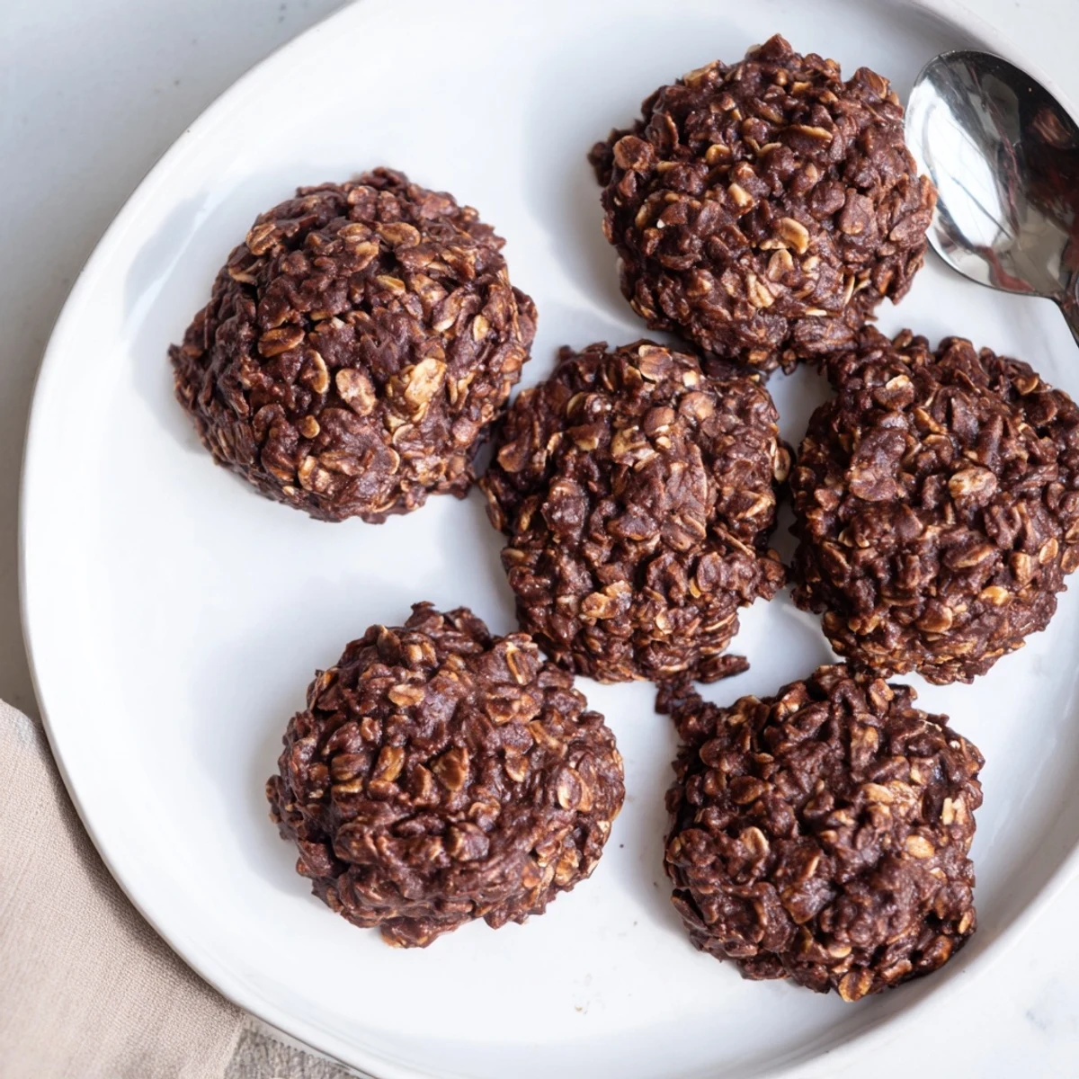 Glossy Chocolate Oatmeal No Bake Cookies piled on parchment, rich and fudgy.