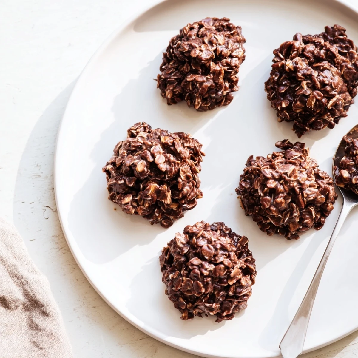Thick Chocolate Oatmeal No Bake Cookies with chewy oat texture cooling on a sheet.