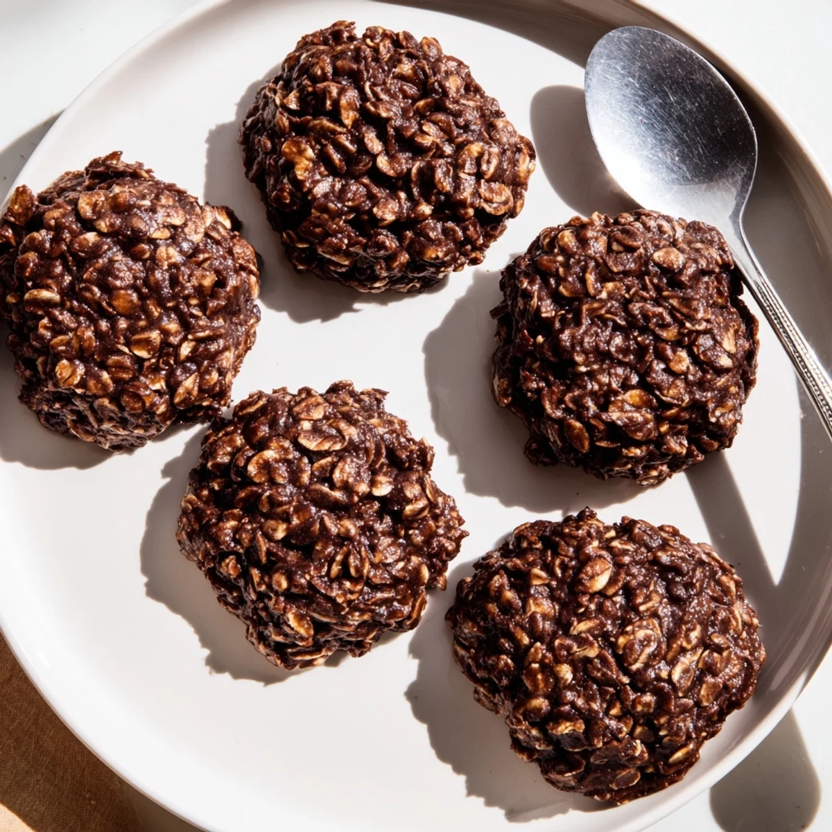 Dark cocoa-dusted Chocolate Oatmeal No Bake Cookies scooped into rustic rounds on wax paper.