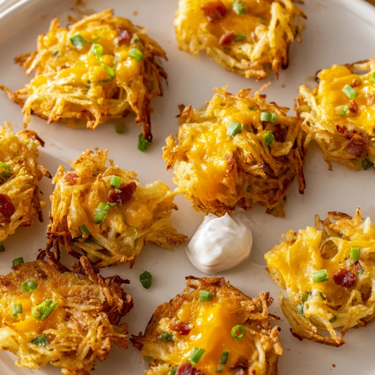Golden crispy cheesy loaded hashbrown bites topped with bacon and fresh chives