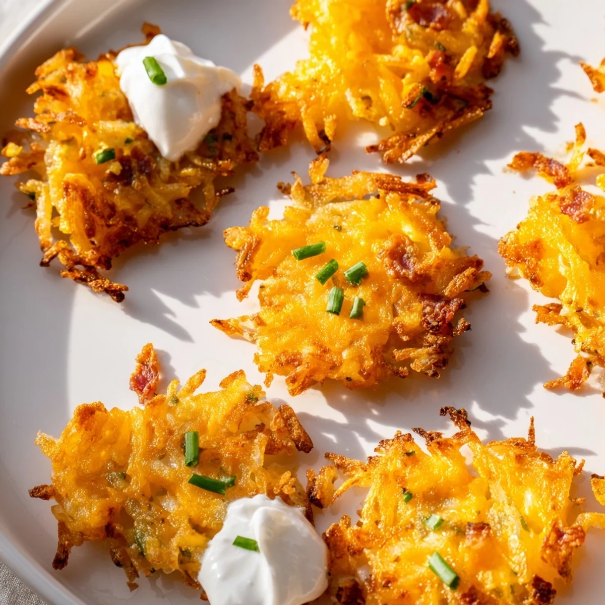 Steaming cheesy loaded hashbrown bites arranged on a platter with sour cream dip