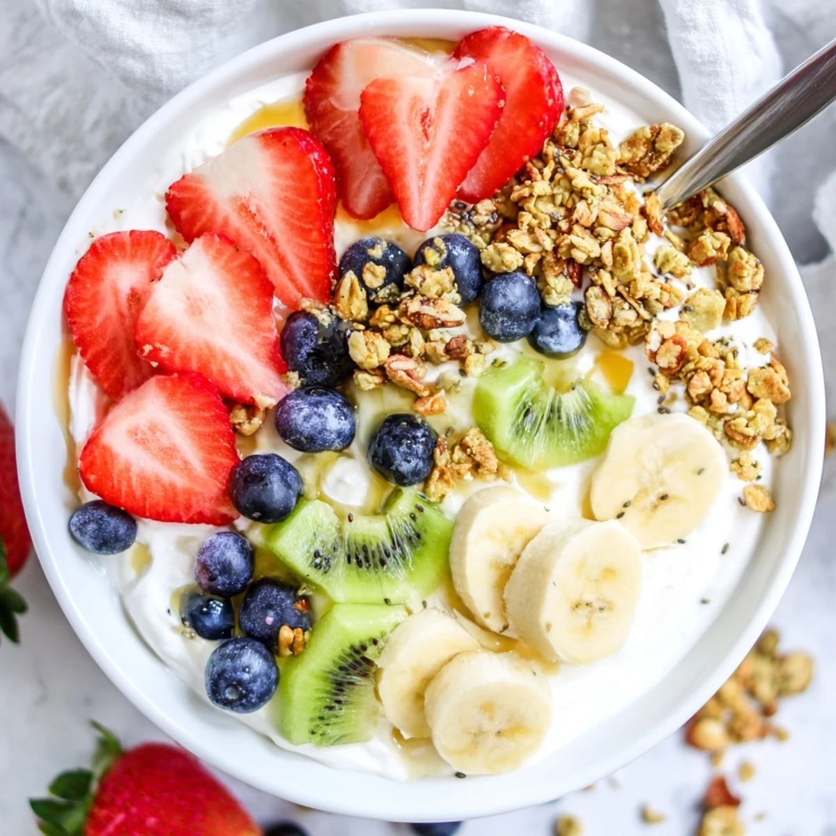 Creamy yogurt fruit bowl topped with fresh strawberries blueberries banana kiwi and granola