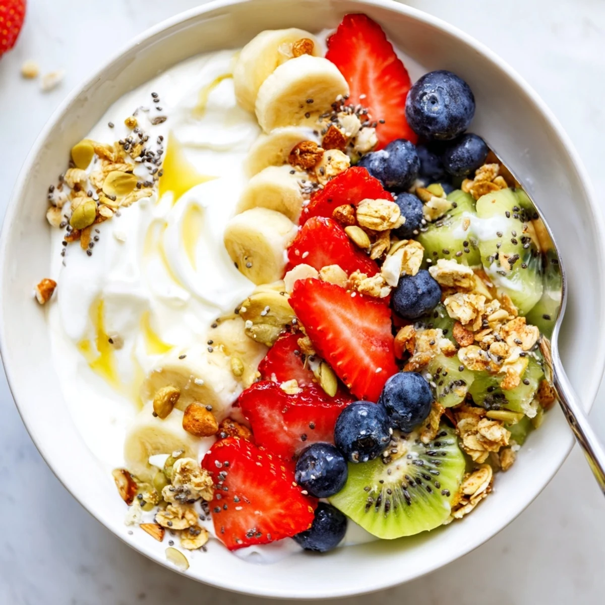 Golden honey-drizzled yogurt fruit bowl featuring colorful seasonal berries and chia seeds