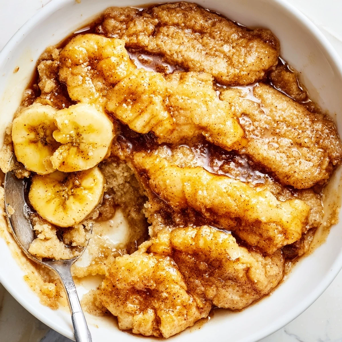 Warm Southern banana cobbler topped with a buttery golden crust served in a dish