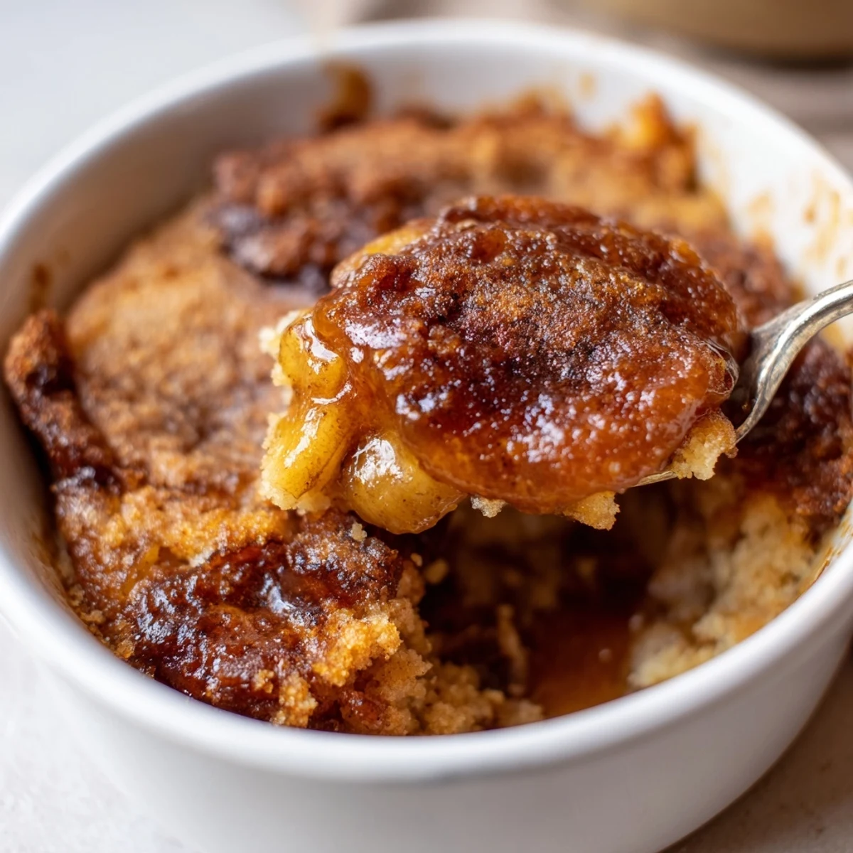Southern banana cobbler with tender cinnamon-spiced bananas under a fluffy biscuit topping