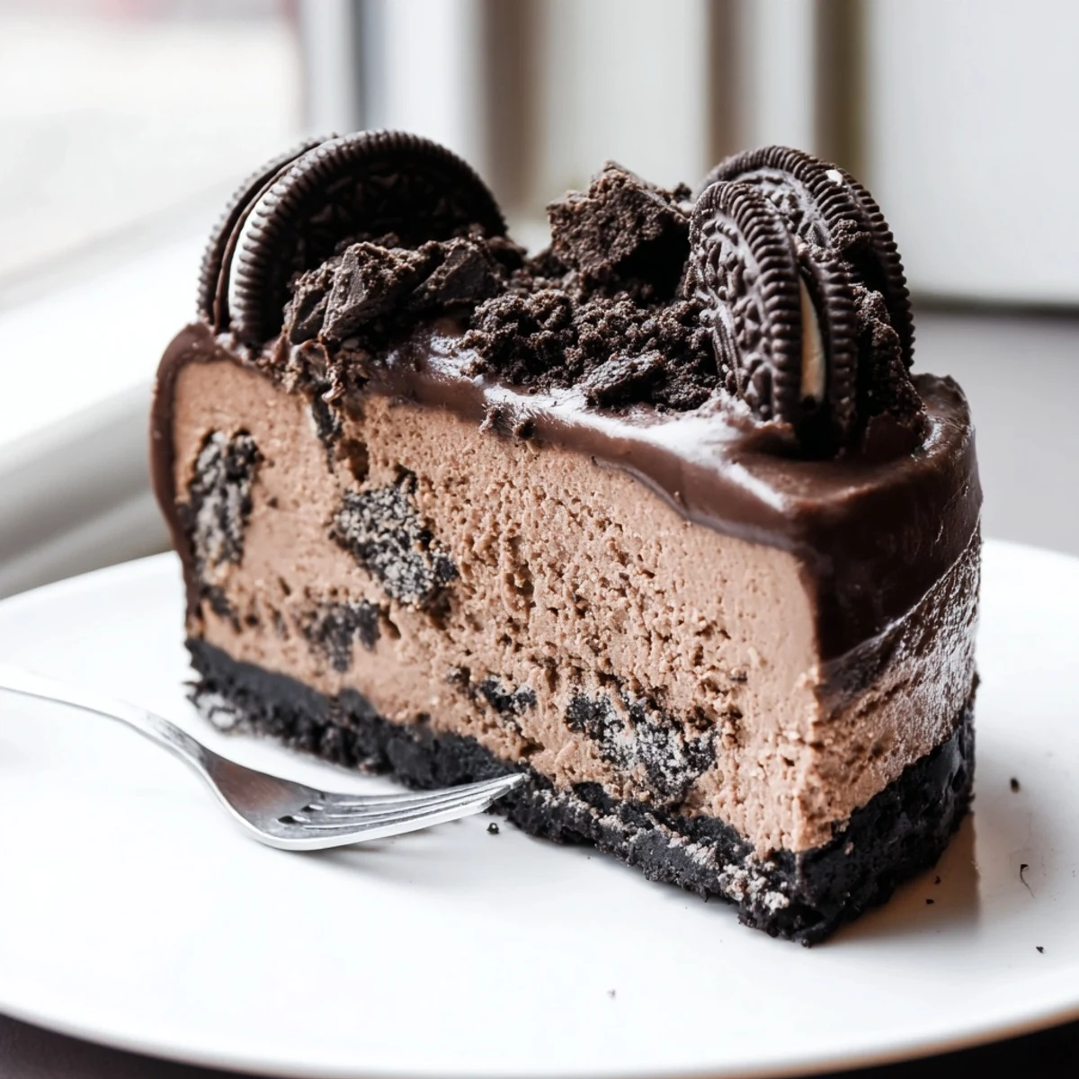Creamy Oreo Chocolate Cheesecake topped with glossy ganache and cookie halves on a rustic plate
