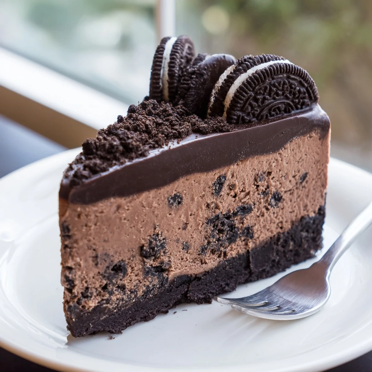Rich chocolate Oreo cheesecake slice revealing a thick cookie crust and velvety filling