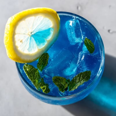 Blue Spirulina Lemonade shines in a clear pitcher with lemon wedges and mint, ready to serve at a sunny outdoor gathering.  