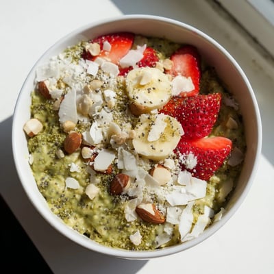 Vibrant green Matcha Protein Overnight Oats with chia seeds and toasted coconut flakes on top.