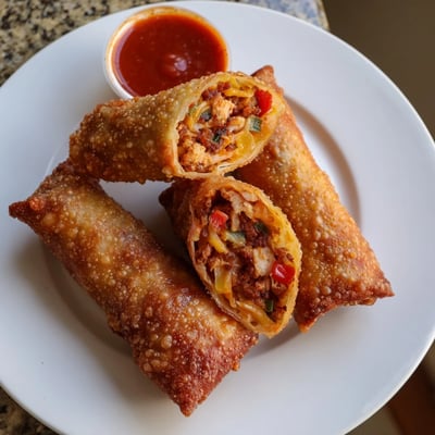 Close-up of crispy voodoo egg rolls revealing smoky andouille sausage and melted cheddar filling