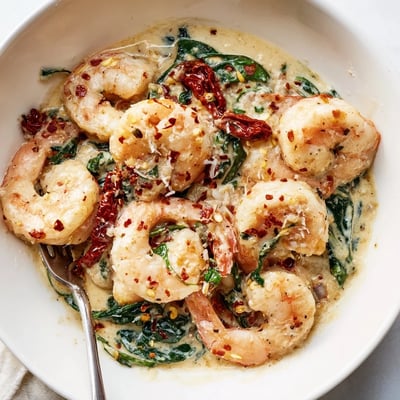 Plump pink shrimp tossed with garlic, spinach, and a velvety white sauce in this keto creamy Tuscan shrimp served over zucchini noodles