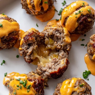 Juicy cheese stuffed meatballs with spicy cheese sauce bubbling over tender melted mozzarella centers.