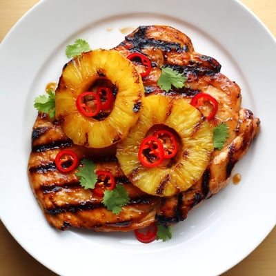 Juicy Chili Pineapple Grilled Chicken sliced open, topped with charred fruit and fresh cilantro