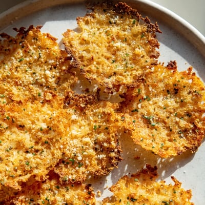 Crunchy baked cottage cheese chips sprinkled with parmesan and fresh chives