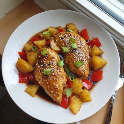 Juicy Hawaiian Chicken smothered in sweet pineapple chunks and thick soy glaze