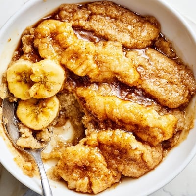 Warm Southern banana cobbler topped with a buttery golden crust served in a dish
